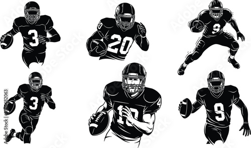 American football player silhouettes, action poses, ball handling, running, throwing, athletic motion, sports icon set, black illustration