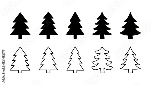Stylized christmas tree icons and silhouettes set for winter holidays and festive season designs, pine and fir evergreen conifer symbols collection