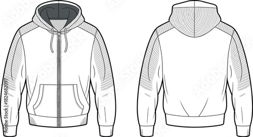 Zipper hoodie front and back technical apparel design, fashion garment template, streetwear activewear mockup, cad drawing flat vector illustration