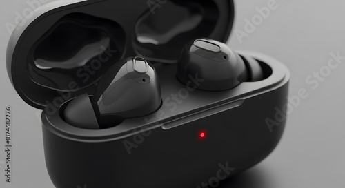 Modern black wireless earbuds with charging case and red indicator light