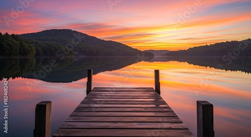 Serene wooden dock on a lake at sunset