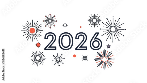A simple fireworks icons arranged around “2026” in clean geometric style
