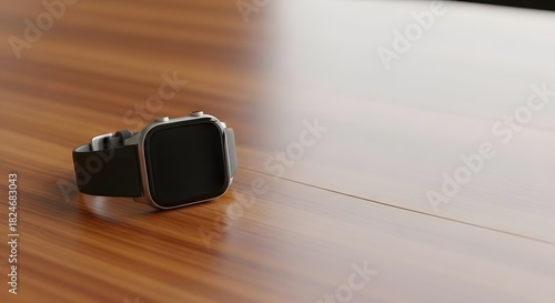 Modern smartwatch with black band rests on a warm wooden surface