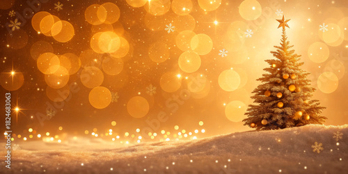 Golden Christmas Tree With Ornaments In A Snowy Winter Landscape, Warm Festive Lights And Bokeh Background, Ideal For Holiday Cards, Seasonal Banners, Marketing Designs And Christmas Promotions