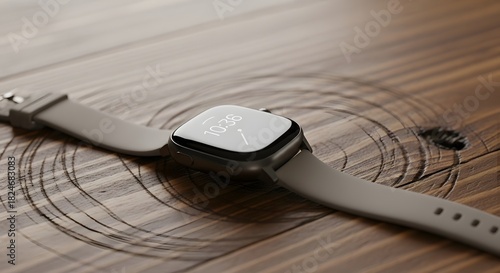 Modern minimalist square watch with a light gray band rests on a textured wooden surface