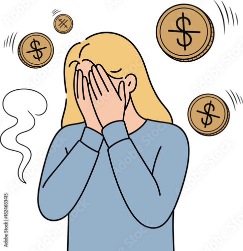 Anxious person covering face with hands surrounded by dollar coins, financial anxiety cartoon, emotional stress from money problems