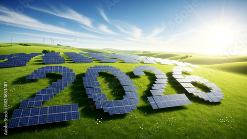Visionary 2026 clean energy future with solar panels on rolling hills under a sunny sky promising a brighter sustainable tomorrow