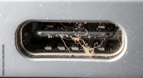 Close up of a dirty and damaged usb type c port with debris
