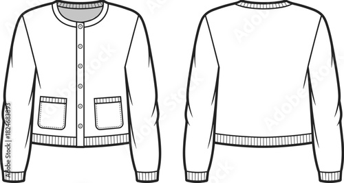 Button knit cardigan CAD drawing, front and back view ribbed hem sweater flat vector illustration for apparel technical fashion design