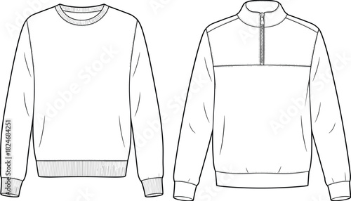 Crew neck and half zip sweatshirt technical design, casual mens apparel vector template, fashion garment front view illustration drawing