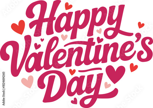 Happy Valentine's Day message written in pink and red script surrounded by lovely little hearts