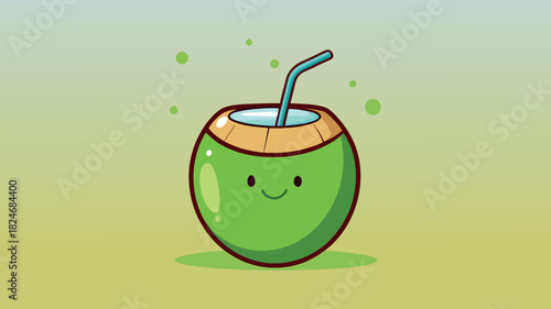 Cute kawaii coconut drink with an umbrella and a straw