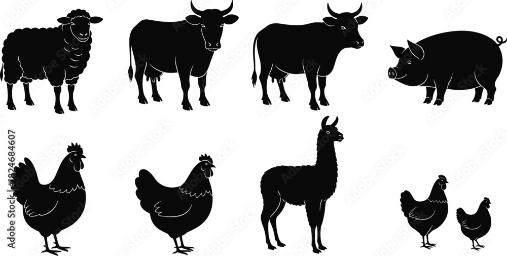 Obraz premium Farm Animal Silhouette Collection, Cow Sheep Pig Chicken Llama Icons, Black Livestock Vector Set, Rural Agriculture Design Elements Illustration Pack