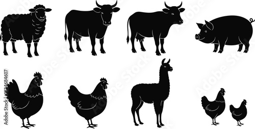 Farm Animal Silhouette Collection, Cow Sheep Pig Chicken Llama Icons, Black Livestock Vector Set, Rural Agriculture Design Elements Illustration Pack