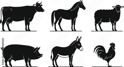 Farm animal silhouettes, cow, horse, sheep, pig, donkey, rooster, black vector illustration, rural livestock set isolated on white background design