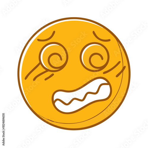 Dizzy emoji with spiral eyes and distressed expression. This yellow circle represents confusion, disorientation or sickness