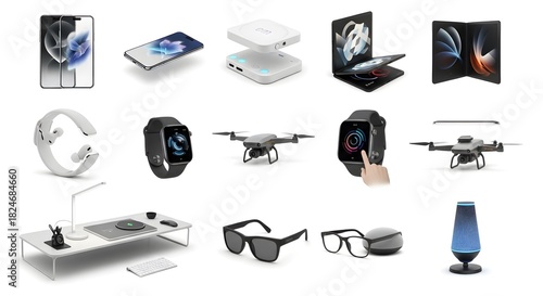 Collection of modern electronic gadgets and smart devices displayed on a white background