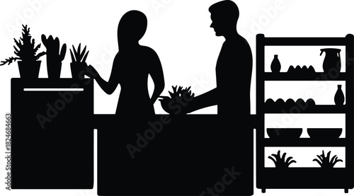 Florist, shop, silhouette, couple, choosing, plants, flowers, interior, counter, store, retail, gardening, service, black, shadow, vector, illustration, small, business, concept