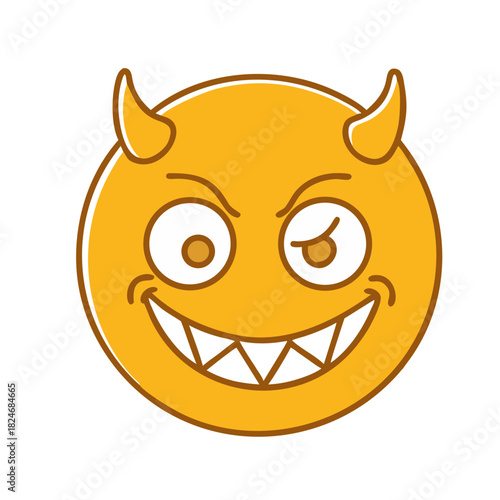 A cartoonish devil emoji with horns and a mischievous grin