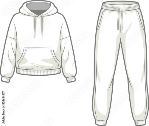 Hoodie and jogger tracksuit CAD drawing, front view casual sportswear set flat vector illustration for apparel technical fashion design