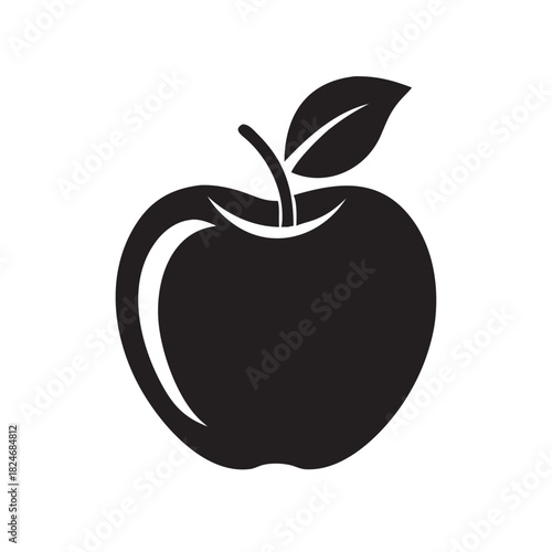 A black and white image of a fresh apple with a single leaf, ideal for a health and food-related theme. The apple is isolated