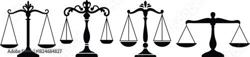 Black Silhouette Vector Icons of Decorative Scales of Justice and Libra Balance, Symbolizing Law, Judgment, Fairness, Measurement, and Equality for Legal, Financial, and Educational Design Projects