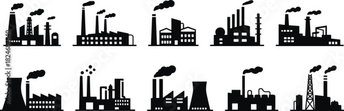 Industrial Factory Cityscape Silhouette Set, Smoking Chimneys and Power Plants, Pollution Infrastructure Icons, Black Vector Illustrations for Energy Industry Design