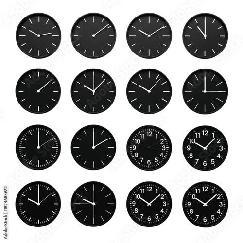 Grid Of Black Round Clocks Showing Different Times Keywords: clock, time, clocks, timekeeping