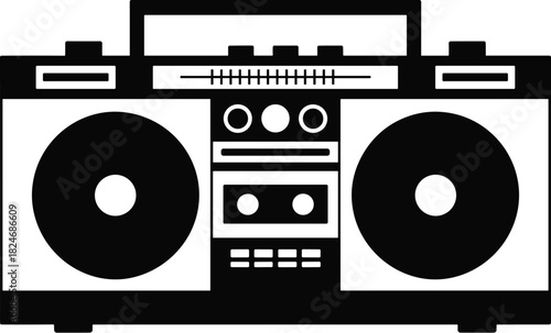 Vintage 80s Boombox Black Silhouette Vector Icon, Representing Old School Portable Music, Radio, and Cassette Players for Hip Hop, Nostalgia, Party Themes, and Retro Design Projects