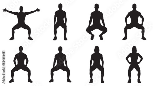 Set of squat exercise silhouettes fitness training vector illustration isolated on white background