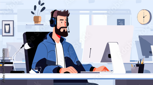 In a lively office, a focused man with a beard wears a headset and types on his laptop. A plant and clock add a touch of warmth to the modern workspace.
