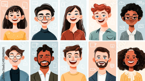 A vibrant collage displays ten individuals with bright smiles, expressing joy and connection. Their styles and backgrounds vary, celebrating diversity and the power of happiness in everyday life.