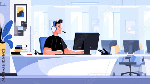 In a lively office, a focused man with a beard wears a headset and types on his laptop. A plant and clock add a touch of warmth to the modern workspace.