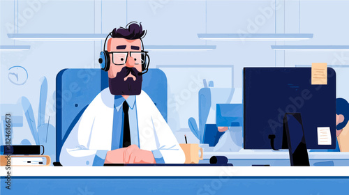 Doctor engaged in telemedicine consultation with a computer and headset in a bright space