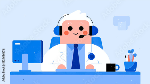 A friendly doctor with a beard wears a headset while consulting a patient online. The setting is bright and modern, showcasing a computer and a cup nearby, highlighting telemedicine.