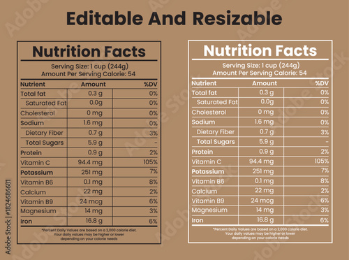 Editable and resizable nutrition facts labels template, offering comprehensive dietary information for food products, shown in two variations