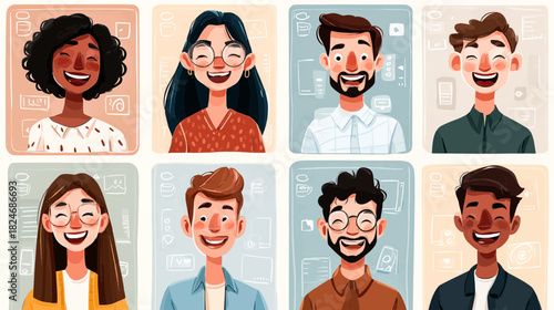 A vibrant collage displays ten individuals with bright smiles, expressing joy and connection. Their styles and backgrounds vary, celebrating diversity and the power of happiness in everyday life.