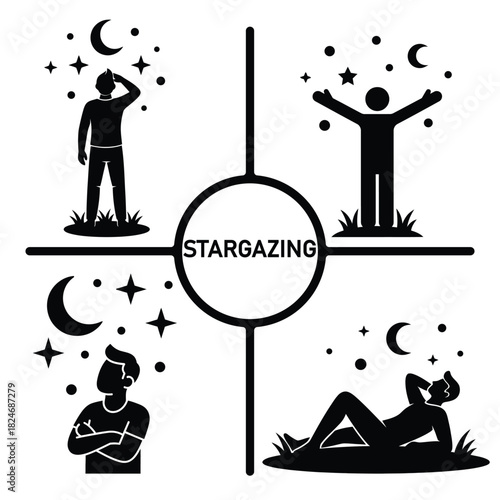 Four silhouettes of people enjoying stargazing under the night sky.
