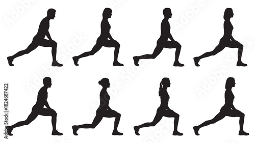 Set of silhouette people doing lunges fitness exercise vector illustration isolated on white background