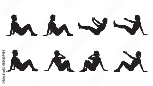 Set of silhouette icons showing a person doing sit-ups flat vector illustration for fitness and exercise concepts isolated on white background