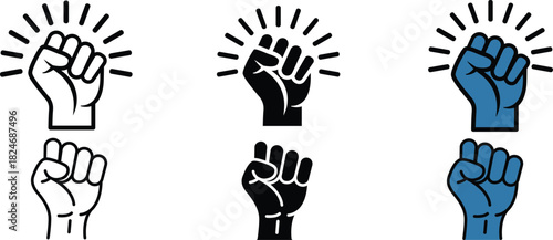Raised fist sign symbolizing protest revolution and solidarity in various styles including line art silhouette and color 