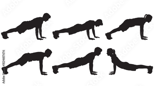 Set of push up exercise silhouettes fitness training vector design for workout and healthy lifestyle isolated on white background