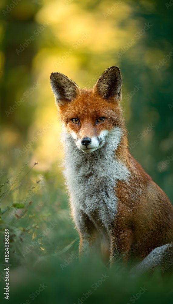 Fototapeta premium Wild fox portrait serene meadow wildlife photography captures warm tones and bright eyes in soft light