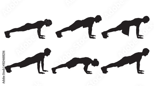 Set of push-up exercise silhouettes fitness training workout in vector format isolated on white background