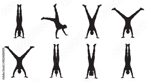 Set of gymnast silhouettes performing handstands acrobatic poses in black and white vector illustration for fitness and sport concepts
