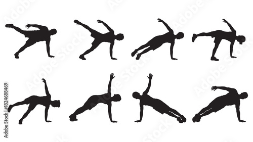 Set of yoga pose silhouettes vector illustration of woman doing side plank variations isolated on white background