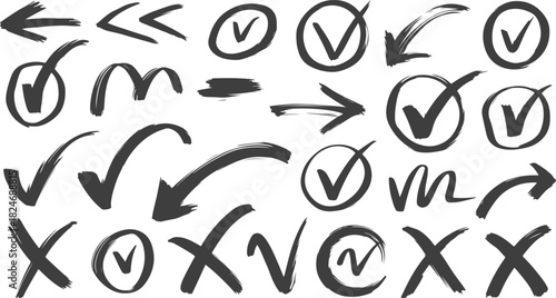 Hand Drawn Ink Brush Stroke Symbols Collection. Black and White Check Marks, Crosses, Arrows and Scribble Elements Set for Highlighting, Notes, UI Design and Graphic Decoration