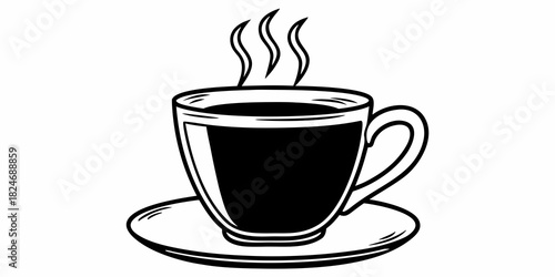 A steaming cup of coffee on a saucer with visible steam rising from the hot beverage in black and white