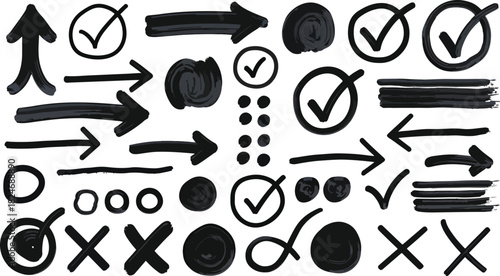 Hand Drawn Ink Brush Stroke Symbols Collection. Black and White Check Marks, Crosses, Arrows and Scribble Elements Set for Highlighting, Notes, UI Design and Graphic Decoration
