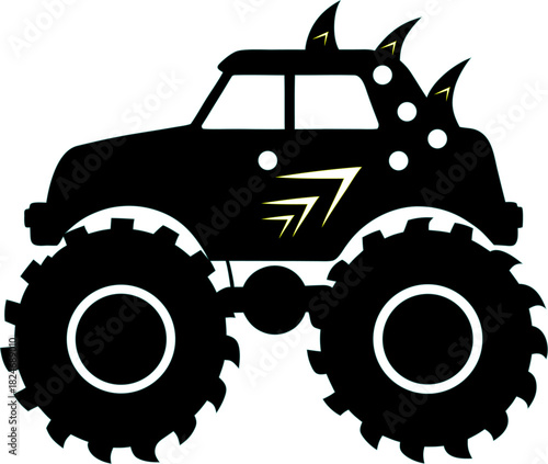 Bold black silhouette of a monster truck on a white background